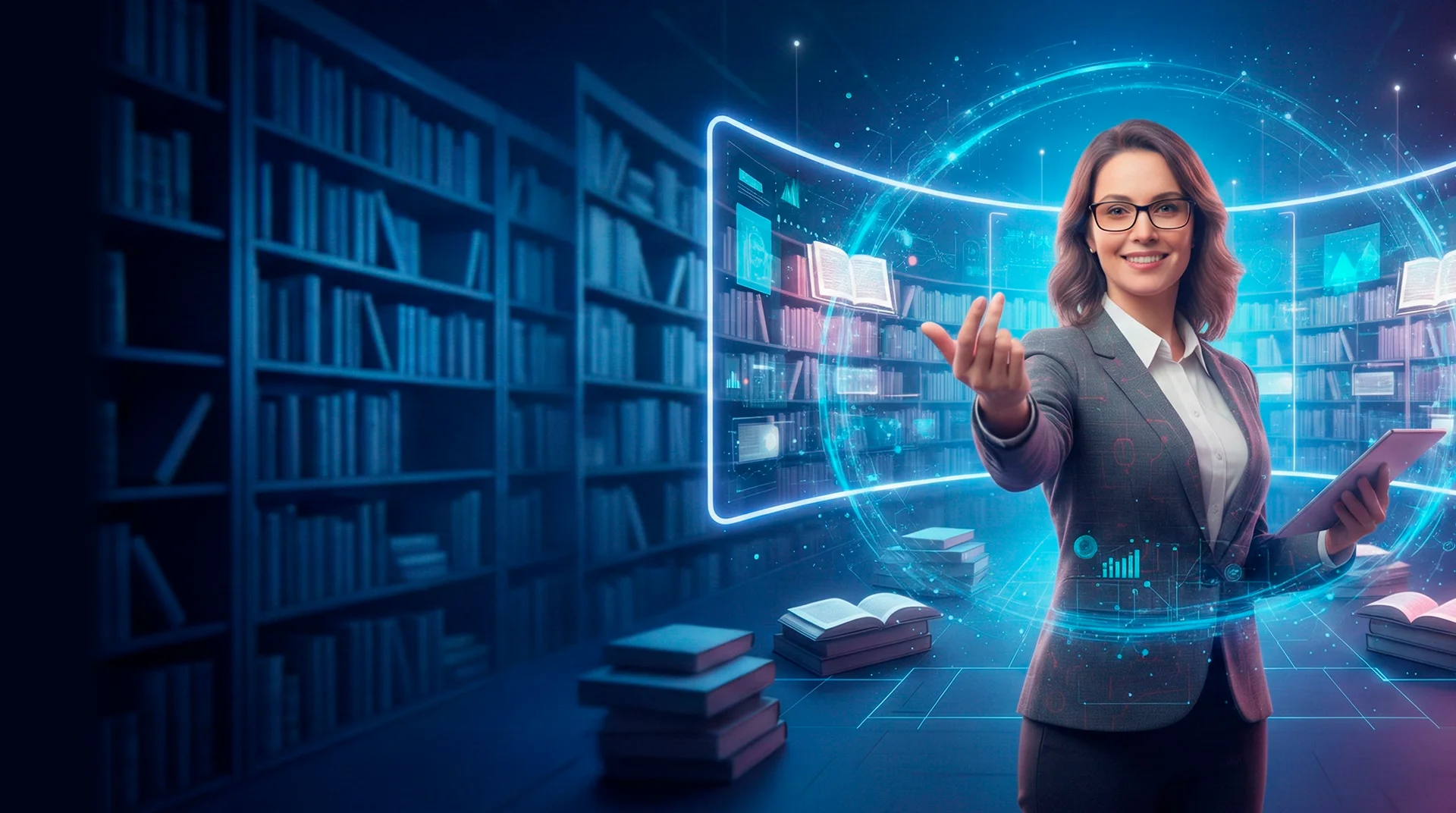 Bibliotecária mulher dominando ferramentas de IA generativa em biblioteca moderna, interagindo com hologramas de dados acadêmicos, gráficos e livro digital em ambiente colaborativo de estudo