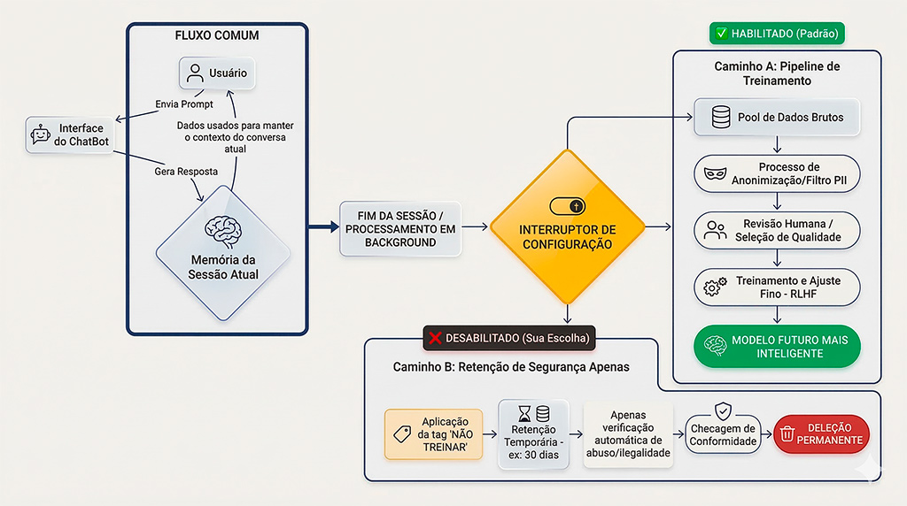 Fluxograma: o caminho dos dados ao optar por não treinar os modelos. Do fluxo comum ao interruptor de configuração, que separa o Caminho A (pipeline de treinamento) do Caminho B (retenção de segurança apenas).