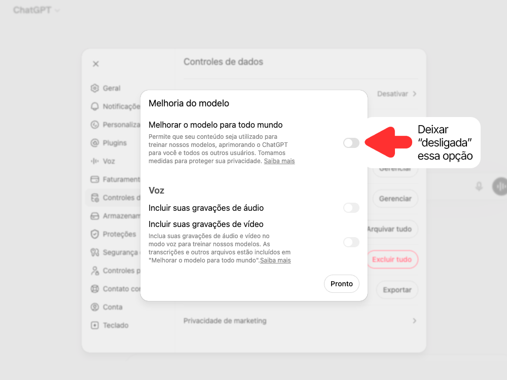 Tela de configuração do ChatGPT para desativar o treino do modelo com suas conversas.