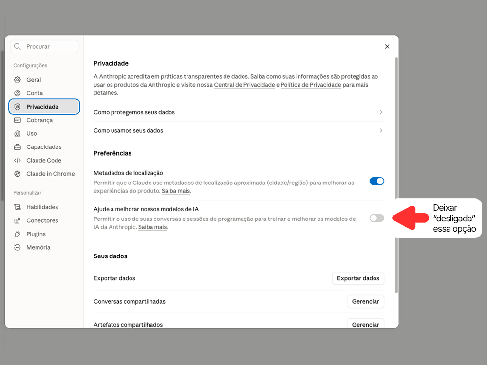 Tela de configuração do Claude para desativar o uso das conversas no treinamento.