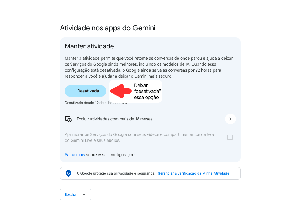 Tela de configuração do Gemini para desativar a Atividade dos Apps Gemini.