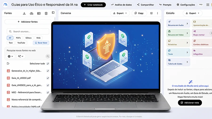 Tela do Gemini NotebookLM analisando documentos com o Método C.A.R.E.